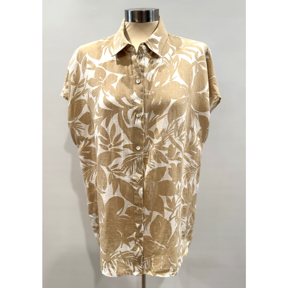 TOMMY BAHAMA Women's Size XL 100% Linen Cap Sleeveless Tan White Button Shirt